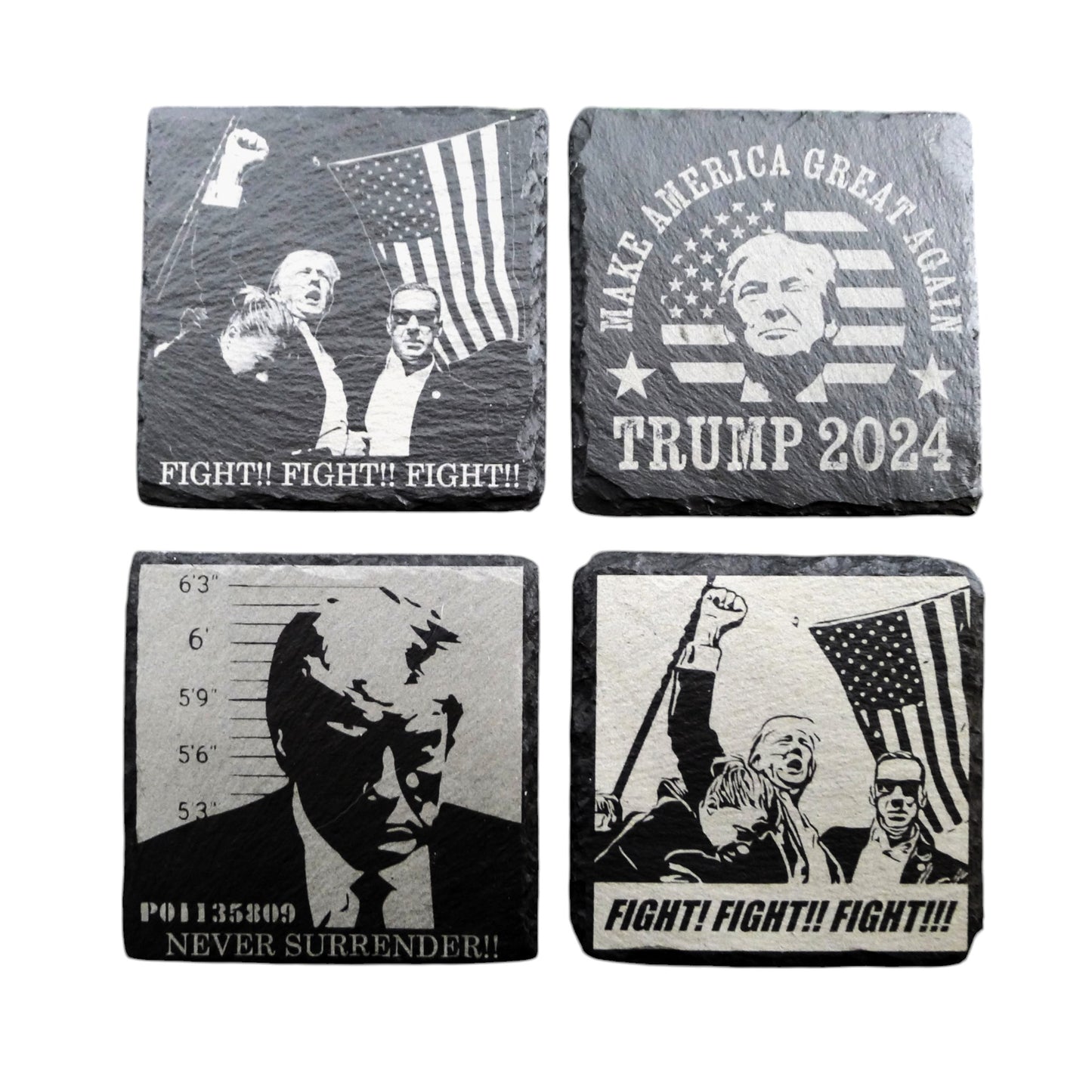 Donald Trump 2024 - July 13 Assassination - FIGHT - Never Surrender Slate Coasters Set