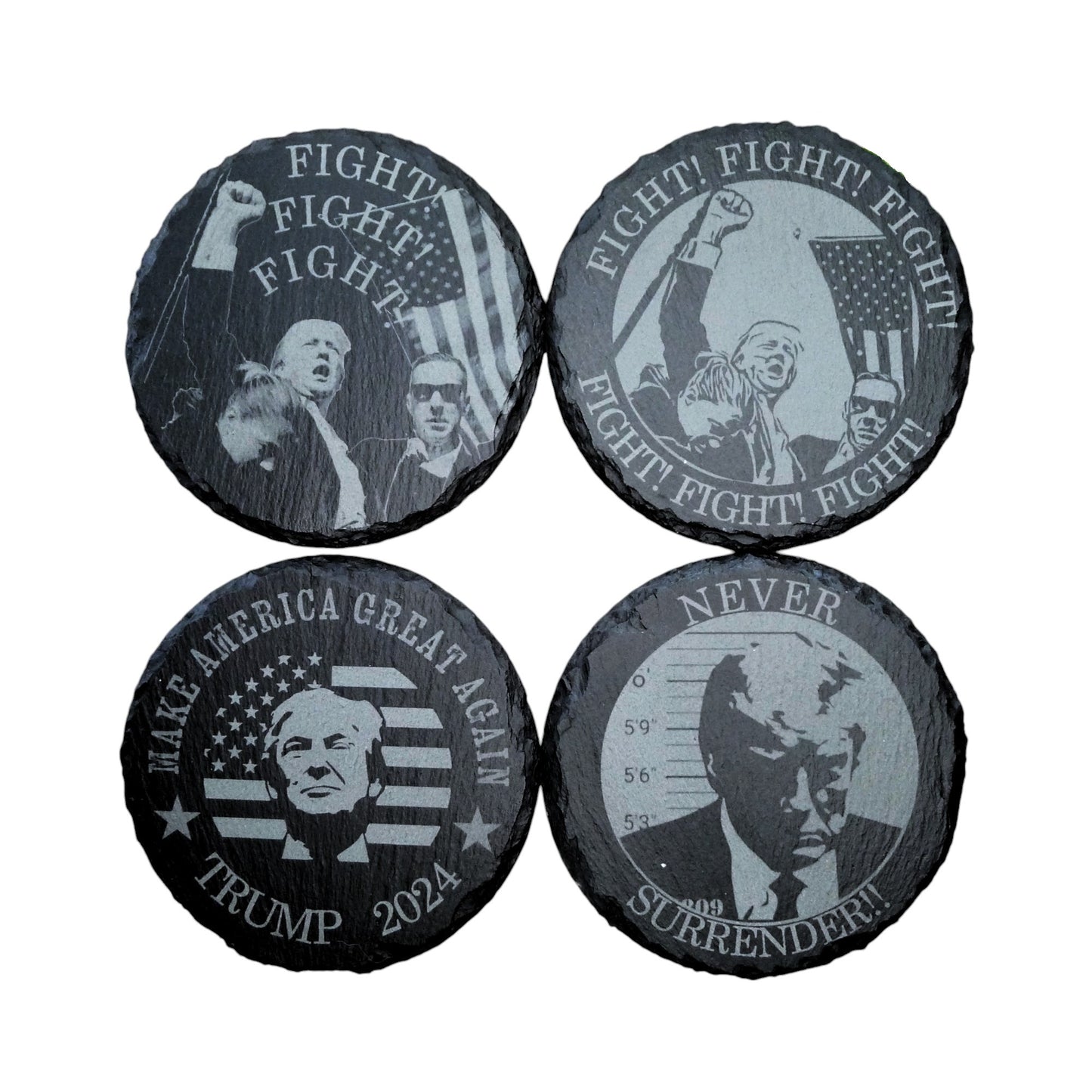 Donald Trump 2024 - July 13 Assassination - FIGHT - Never Surrender Round Slate Coasters Set