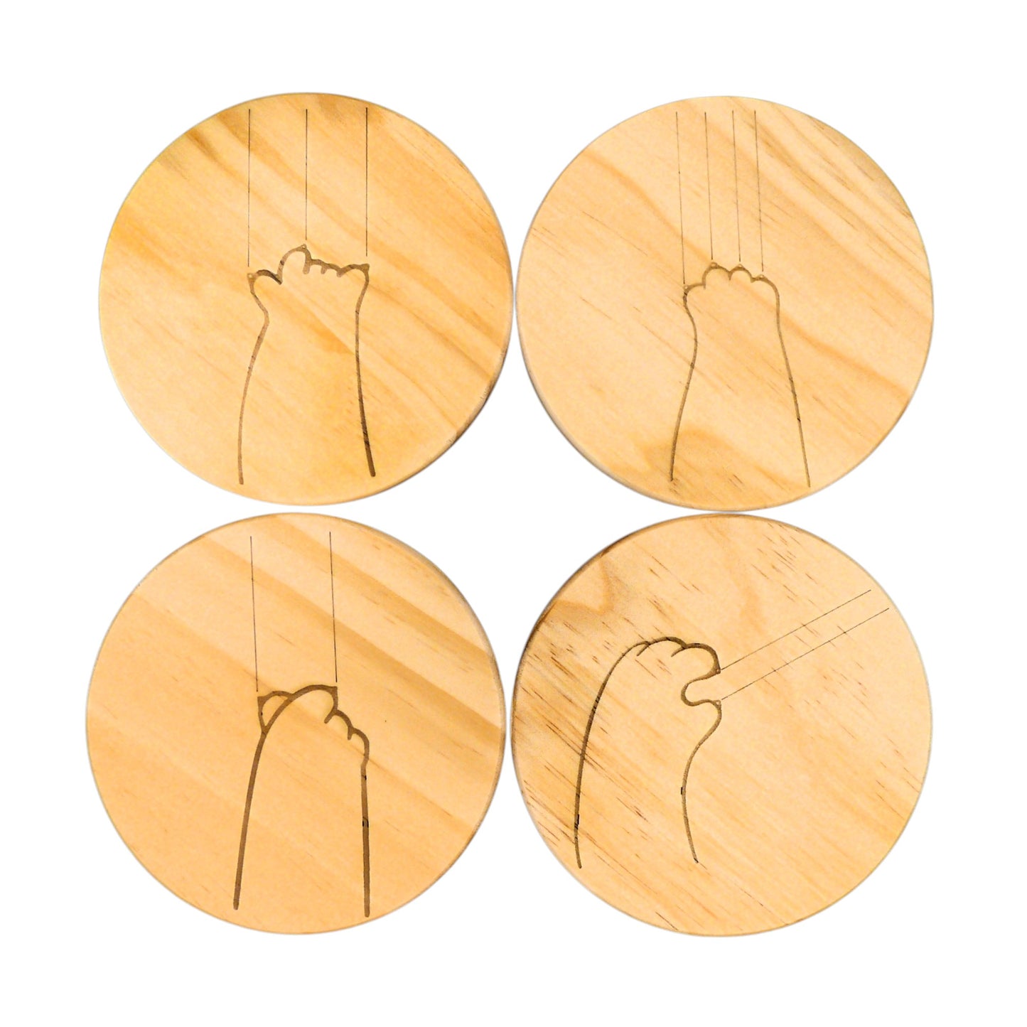 Cute Cat Claw Wooden Coaster Set - Cute Engraved Minimalist Cat Paw Design