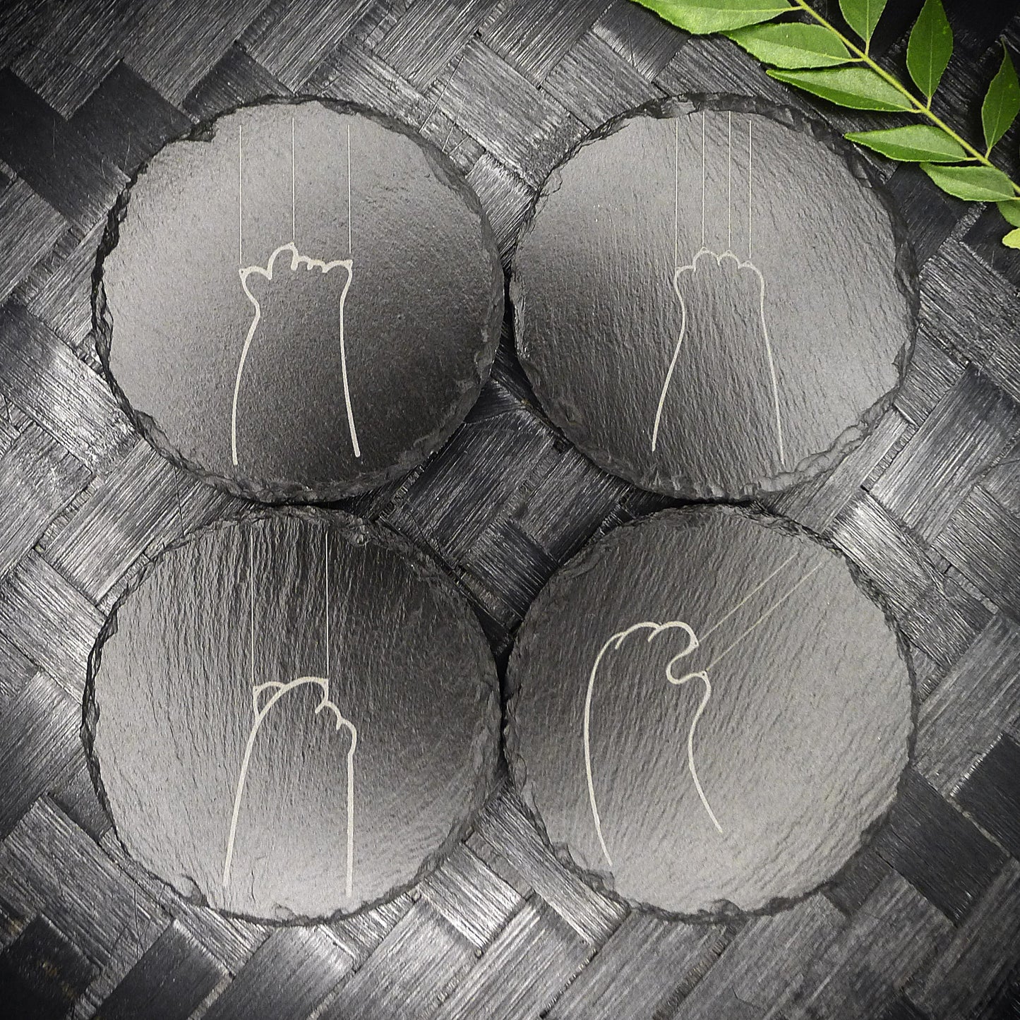 Cute Cat Claw Slate Coaster Set - Cute Engraved Minimalist Cat Paw Design