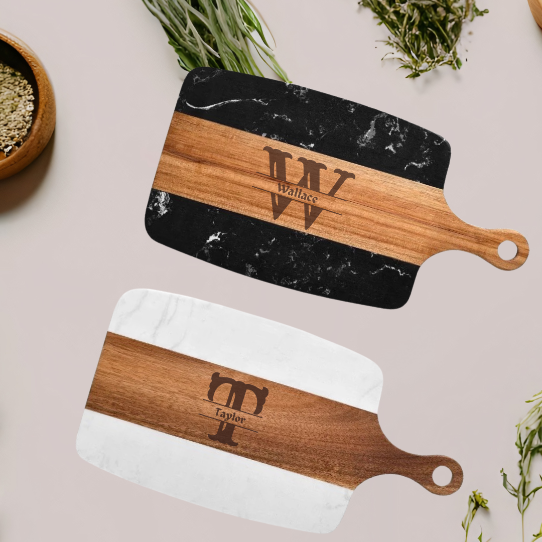 Personalized Initial Engraved Marble And Wood Charcuterie Board