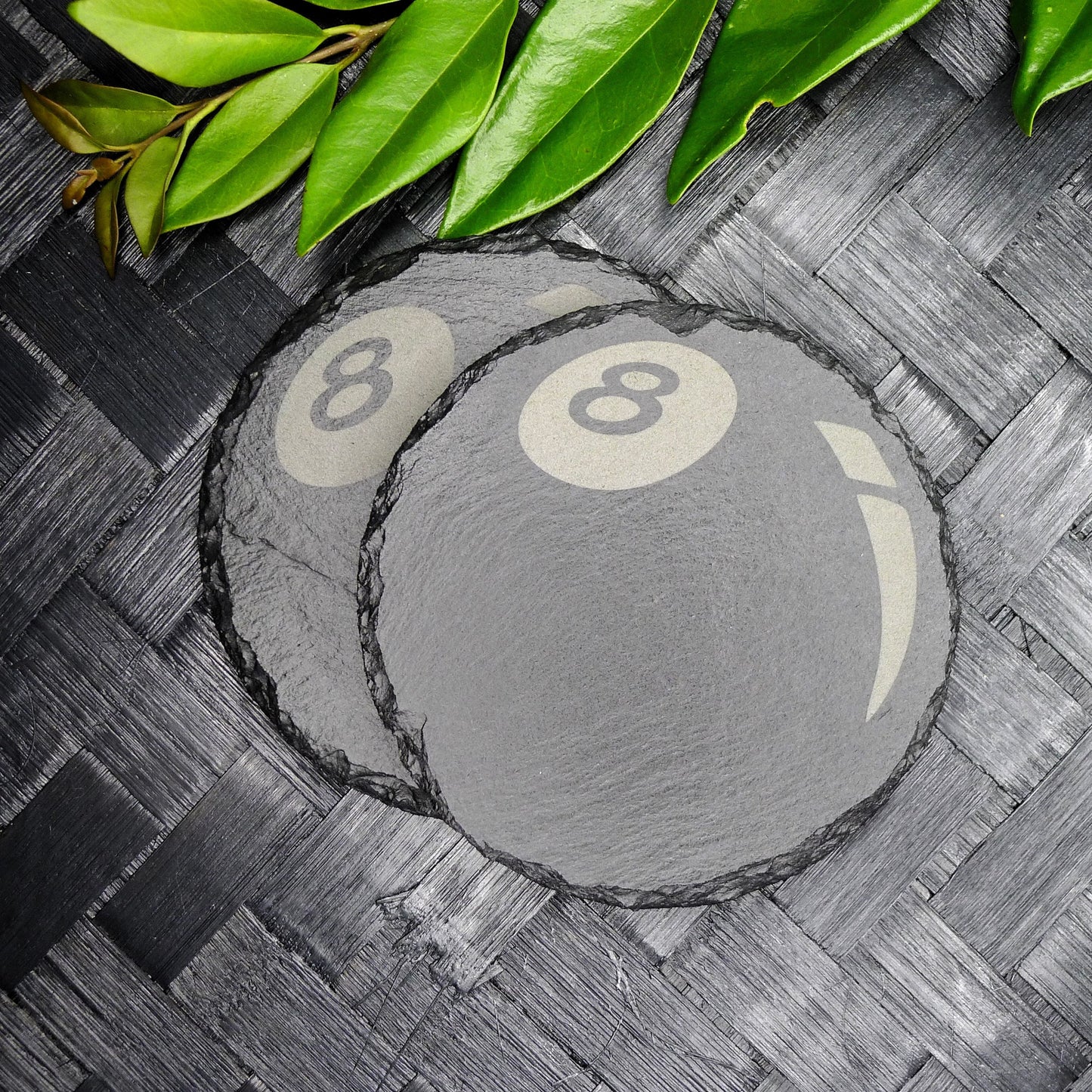 Laser Engraved 8 Ball Round Slate Coaster Set