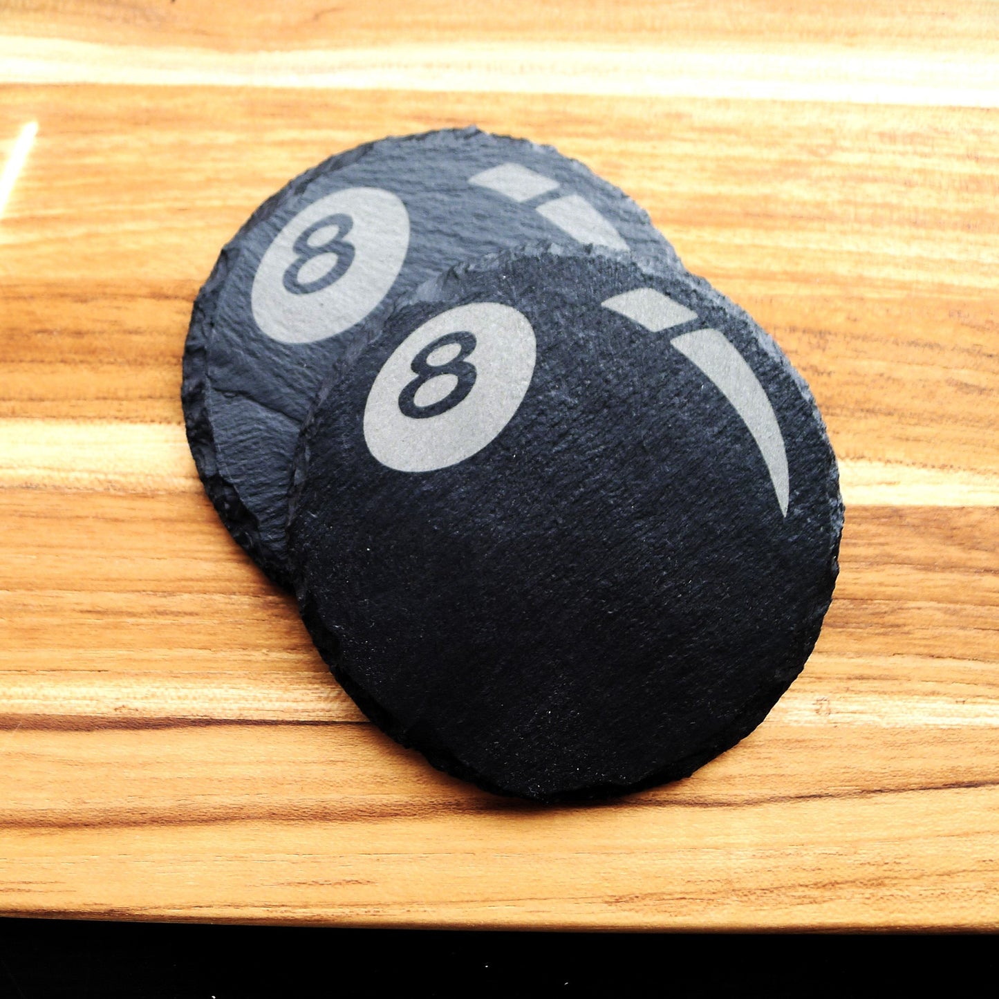 Laser Engraved 8 Ball Round Slate Coaster Set