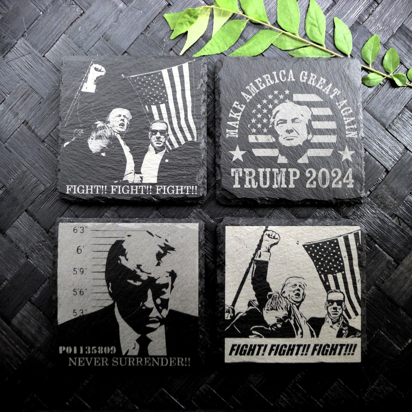 Donald Trump 2024 - July 13 Assassination - FIGHT - Never Surrender Slate Coasters Set