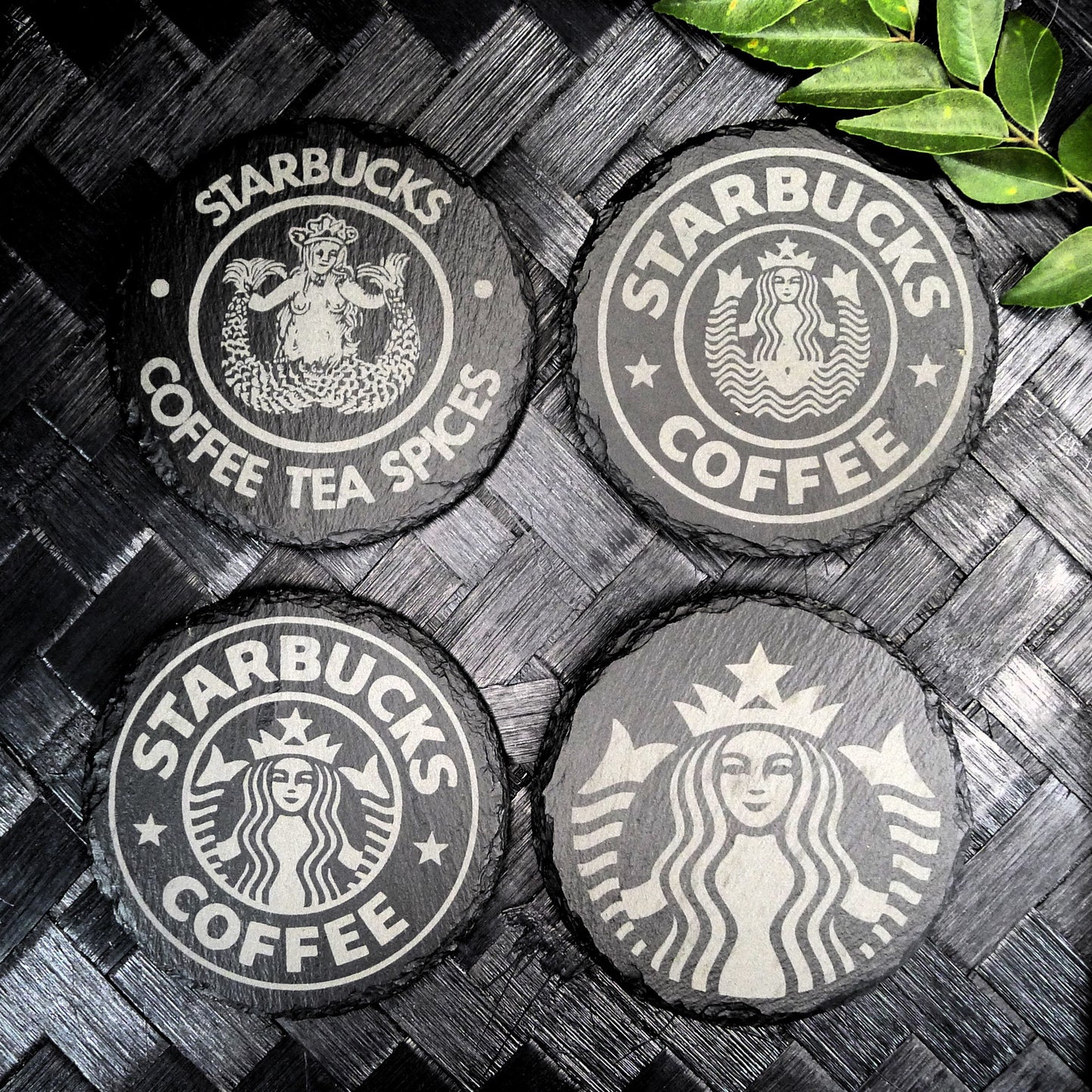 Starbucks Siren Slate Coaster Set 1971, 1987, 1992, 2011 Fan Art