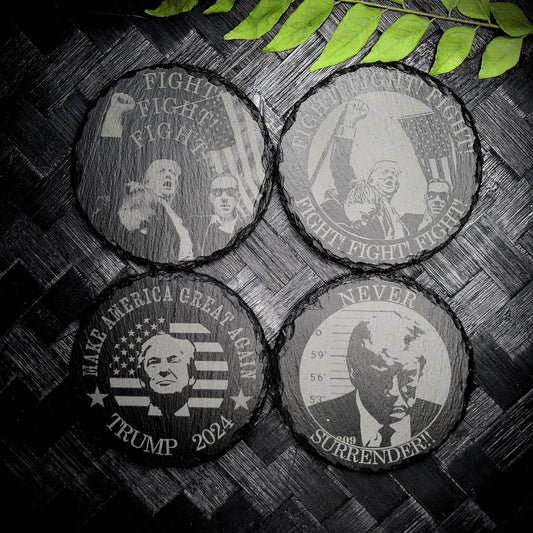 Donald Trump 2024 - July 13 Assassination - FIGHT - Never Surrender Round Slate Coasters Set