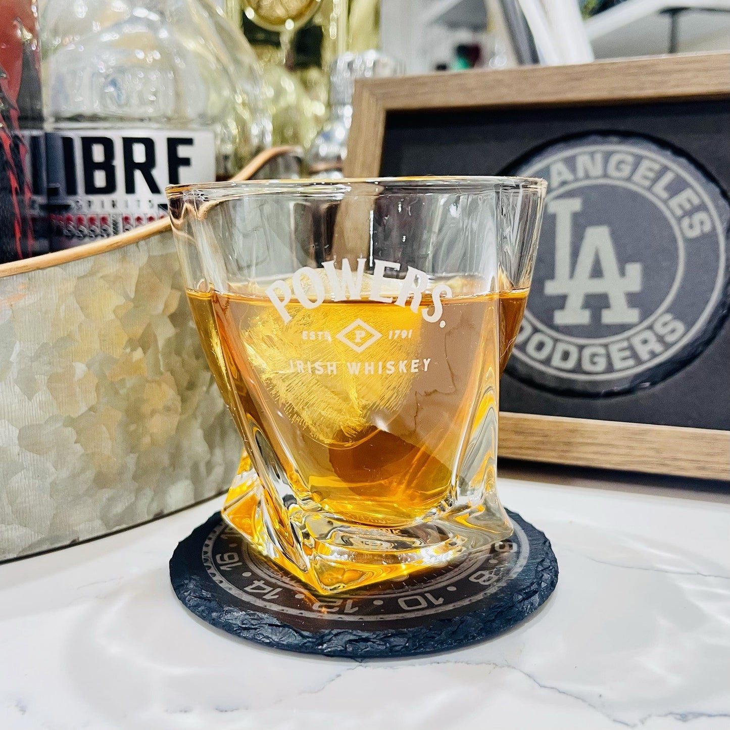 Custom Engraved Powers Irish Whiskey Glass – 10 oz Twisted Rocks Glass