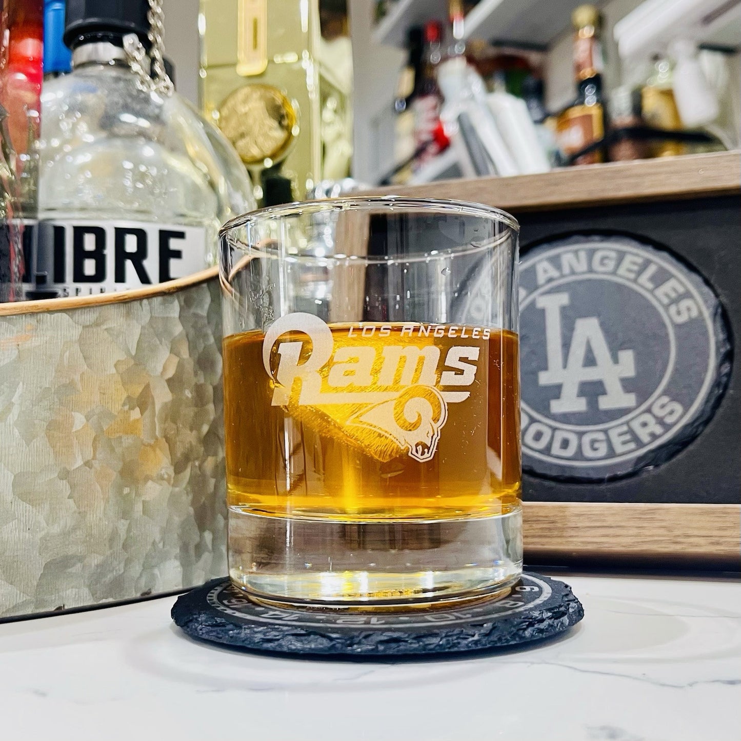 Custom Engraved Los Angeles Rams Whiskey Glass - 11 oz Rocks Glass