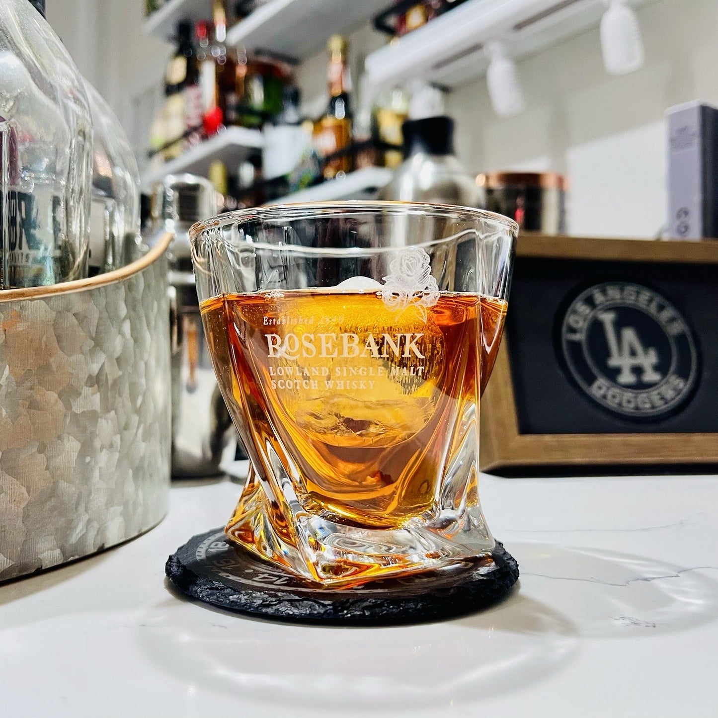 Custom Engraved Rosebank Whiskey Glass – 10 oz Twisted Rocks Glass
