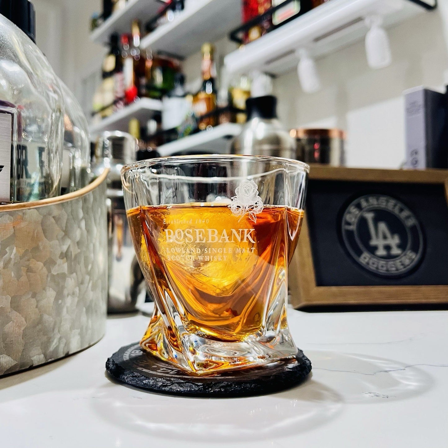 Custom Engraved Rosebank Whiskey Glass – 10 oz Twisted Rocks Glass