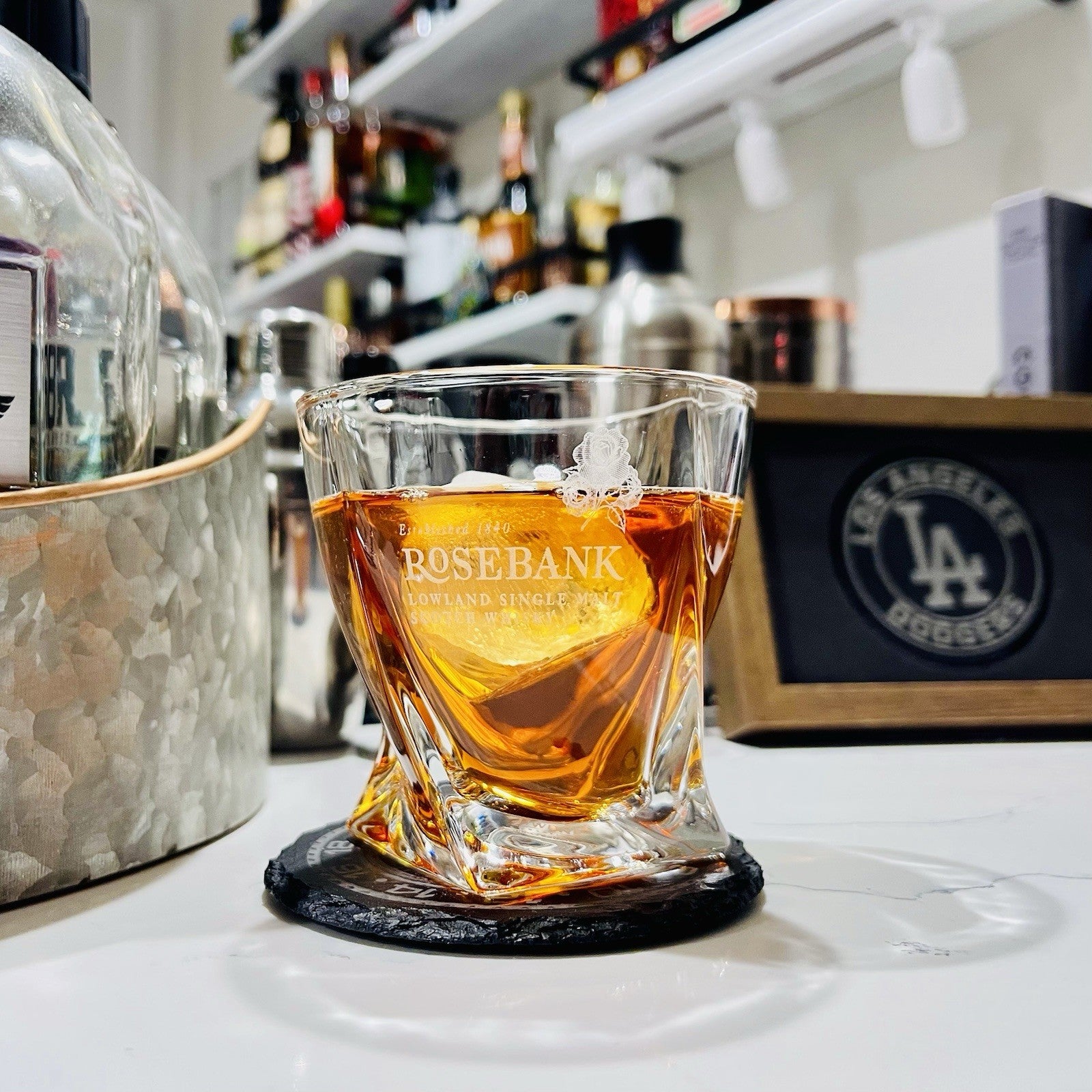 Custom Engraved Rosebank Whiskey Glass – 10 oz Twisted Rocks Glass