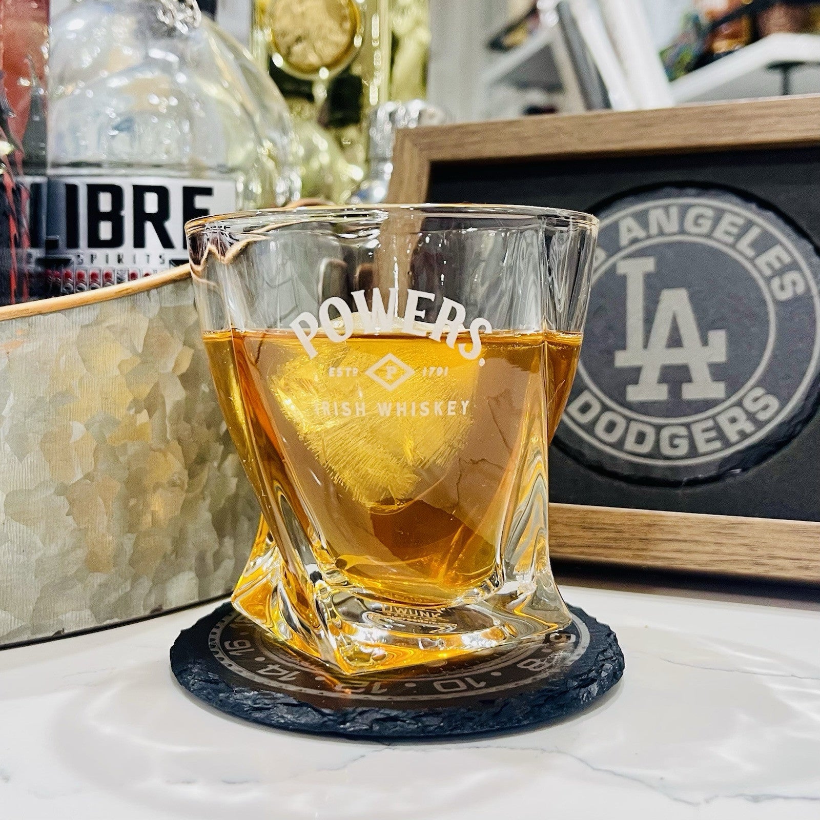Custom Engraved Powers Irish Whiskey Glass – 10 oz Twisted Rocks Glass