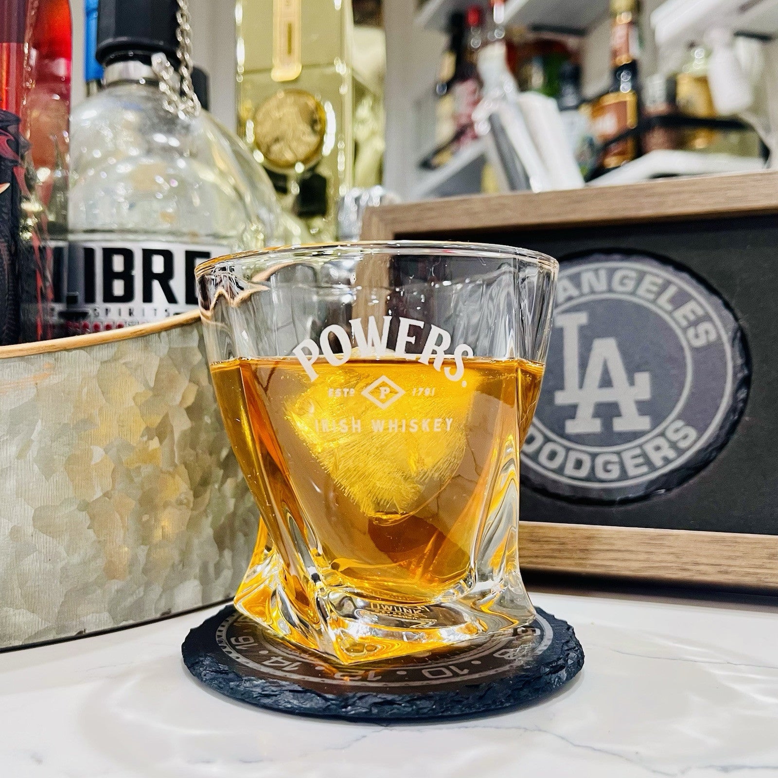 Custom Engraved Powers Irish Whiskey Glass – 10 oz Twisted Rocks Glass